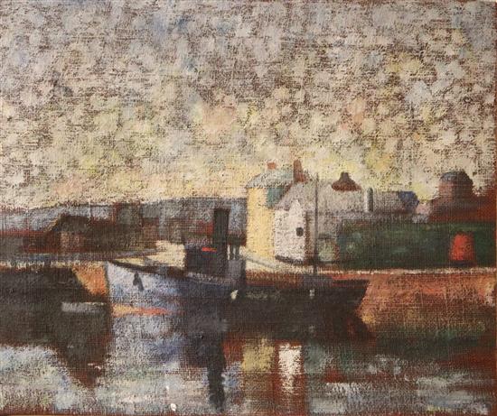 Scottish School, oil on canvas, Tug in harbour, 51 x 61cm, unframed